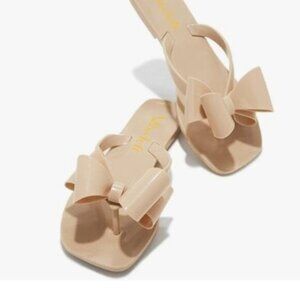 miss left Women Versatile Open Square Toe Flip Flops Double Bowknots Nude